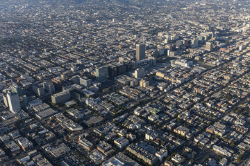 Aerial view of Wilshire Blvd and the Koreatown neighborhood in Los Angeles, California.