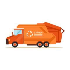 Orange garbage collector truck, waste recycling and utilization concept vector Illustration