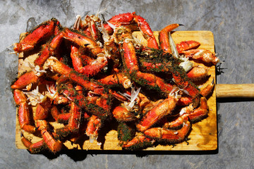 galician spider crab cooked and cut for eating  ; maja squinado