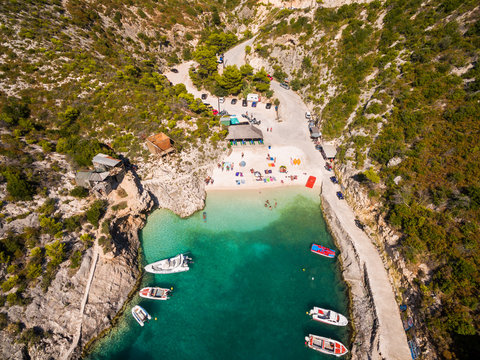 Aerial  view of Porto Vromi beach in Zakynthos (Zante) island, in Greece