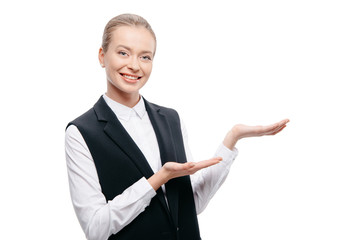 smiling businesswoman presenting something