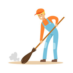 Smiling street sweeper at work, street cleaner character vector Illustration