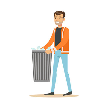 Smiling man arrying garbage bin, waste recycling and utilization concept vector Illustration