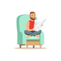 Young bearded man sitting on a light blue armchair and reading a newspaper, man resting at home vector Illustration
