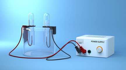 Electrolysis of water. Educational chemistry. Electrolysis of water into hydrogen and oxygen gas with tubes.