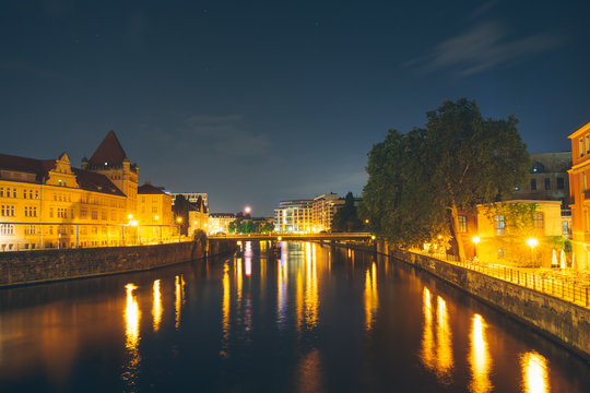 spree river at night with overview to friedrichstrasse at berlin