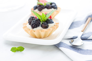 Mini tarts on the plate close up. Homemade dessert with delicious catalonian traditional cream and fresh berries