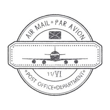 Postmark with airplane icon. Black stamp