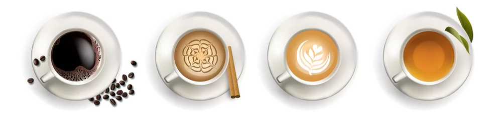 Fotobehang Koffie Koffie, cappuccino, espresso, thee, bovenaanzicht in vectorformaat