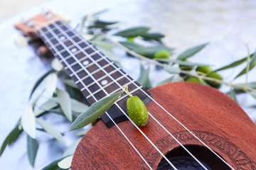 Olive brunches and ukulele, Greek music concept close up. Small guitar under the olive tree, Greece melody backdrop. - 168758450