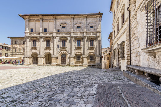 The famous Palazzo Nobili Tarugi palace and Piazza Grande, in the historic center of Montepulciano, Tuscany, Italy