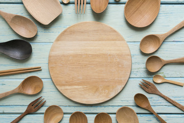 kitchen utensils for cooking on the wooden table, food prepare concept © tatomm