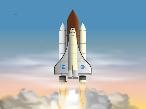 Space Shuttle Launch In the clouds. A spaceship in the sky. Vector illustration.