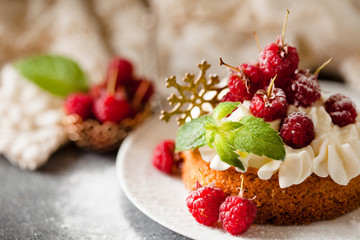 Raspberry Cake with whipped cream on pink background