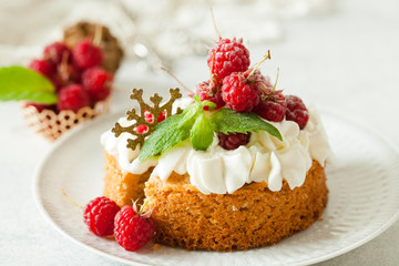 Raspberry Cake with whipped cream on pink background