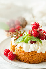 Raspberry Cake with whipped cream on pink background