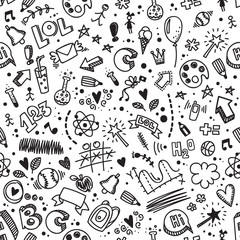 Vector seamless hand drawn doodle pattern. Back to school background. Kid's style. Good for wrapping paper, notebook covers and other printed works. - 168760493