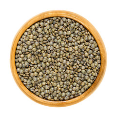 Le Puy green lentils in wooden bowl. Dried small slate-gray seeds of Lens esculenta puyensis from Le Puy in Auvergne, France with unique peppery flavor. Macro food photo close up from above over white