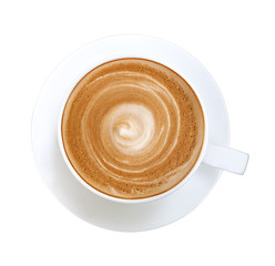 Top view of hot coffee latte cappuccino spiral foam isolated on white background, clipping path included