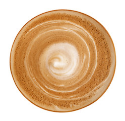 Top view of hot coffee latte cappuccino spiral foam isolated on white background, clipping path included