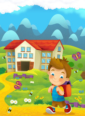Cartoon nature scene with child on the trip to school - illustration for children