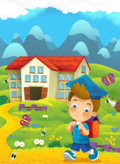 Obraz na płótnie Canvas Cartoon nature scene with child on the trip to school - illustration for children