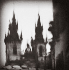Prague, Czech Republic: a reflection in a puddle of the Cathedral. An artistic image. Black and white photo.