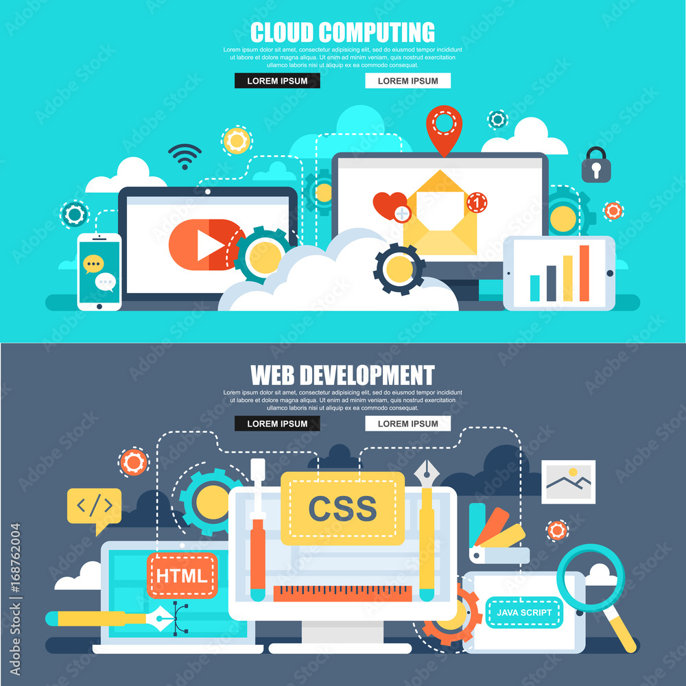 Poster flat concept web banner of cloud computing, web development