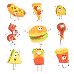 Fotobehang Funny fast food, set for label design. Cartoon detailed Illustrations isolated © topvectors