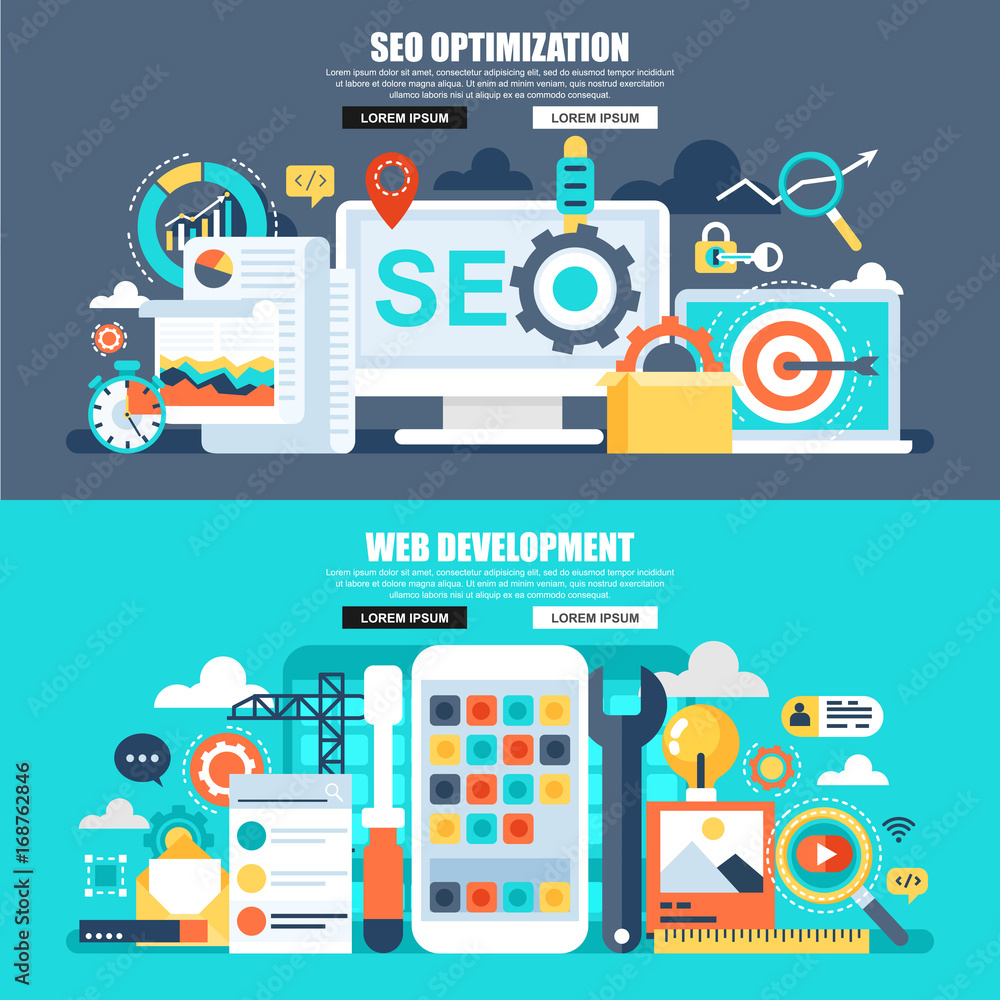 Poster flat concept web banner of seo, app and web development