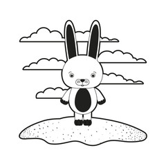 sketch silhouette monochrome scene cute rabbit animal in grass vector illustration
