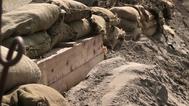 World War Two -Establishing shot of the German trench front line at normandy bea