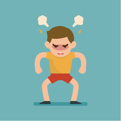 Cute boy gets mad angry fighting with blowing from ears expression, Vector illustration.
