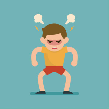 Cute Boy Gets Mad Angry Fighting With Blowing From Ears Expression, Vector Illustration.