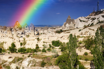 Fototapeta na wymiar View of the Uchisar valley and the city of Goreme. Cave towns. Cappadocia, Turkey.