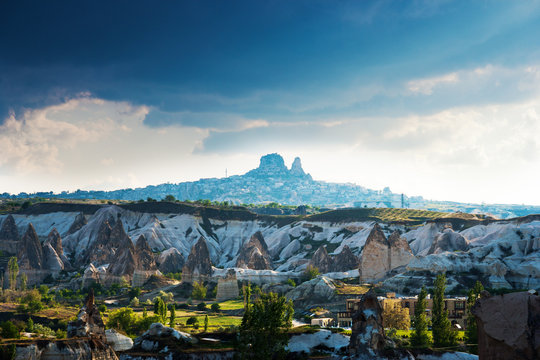 View of the city of Goreme. Uchhisar in the background. Cappadocia, Turkey.