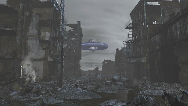 Street level moving forwards in a Post Apocalyptic city with UFO firing a laser off screen with explosion.
