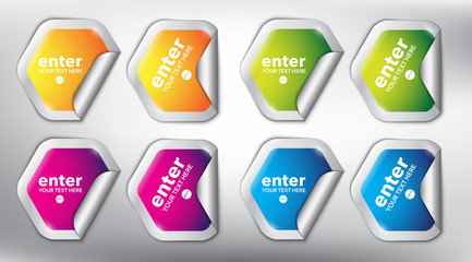 Abstract vector sticker set of 8. Hexagonal vector stickers with curled corner and place for your text. Colorful and glossy on the white panel. Vector illustration. Eps10.