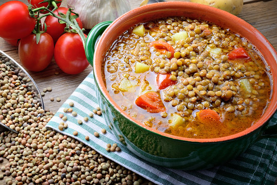 Lentil soup with tomatoes and potatoes