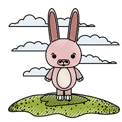 color crayon silhouette scene caricature rabbit animal in grass vector illustration