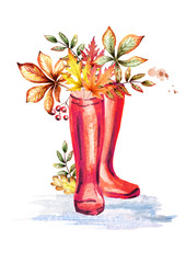 Rainboots and autumn leaves. Watercolor hand-drawn illustration