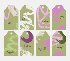 Crayon textured strokes and marker olive green purple tag set
