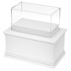 Empty glass showcase on wooden pedestal mockup template