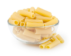 Rigatoni pasta in glass bowl isolated on white background with clipping path