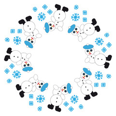 Falling snowman with snowflakes in ring on white  background