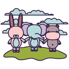 white background with light color scene faceless rabbit elephant and hippopotamus animals holding hands in grass vector illustration