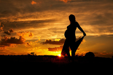Fototapeta na wymiar Silhouette of a pregnant woman at sunset