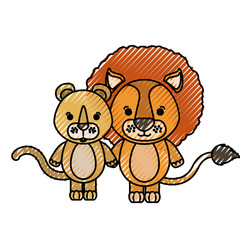 Obraz premium color crayon silhouette caricature couple cute lion and lioness animals vector illustration