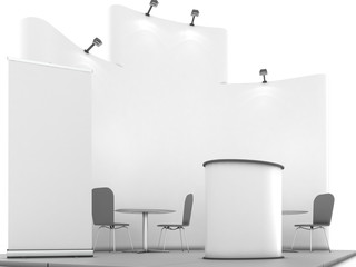 Blank creative exhibition stand design with color shapes. Booth template 01. 3D render