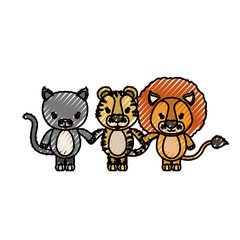 Fototapeta premium color crayon silhouette caricature cat tiger and lion cute animals holding hand vector illustration